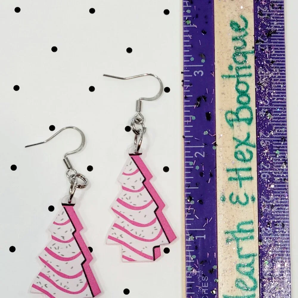 Pink Christmas Tree Cake Earrings Stainless Steel Hooks Holiday Earrings Funky - Picture 4 of 6